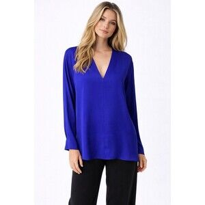Eileen Fisher NWT Vivid Cobalt Blue Silk Georgette Crepe Deep Vee Neck Top XL